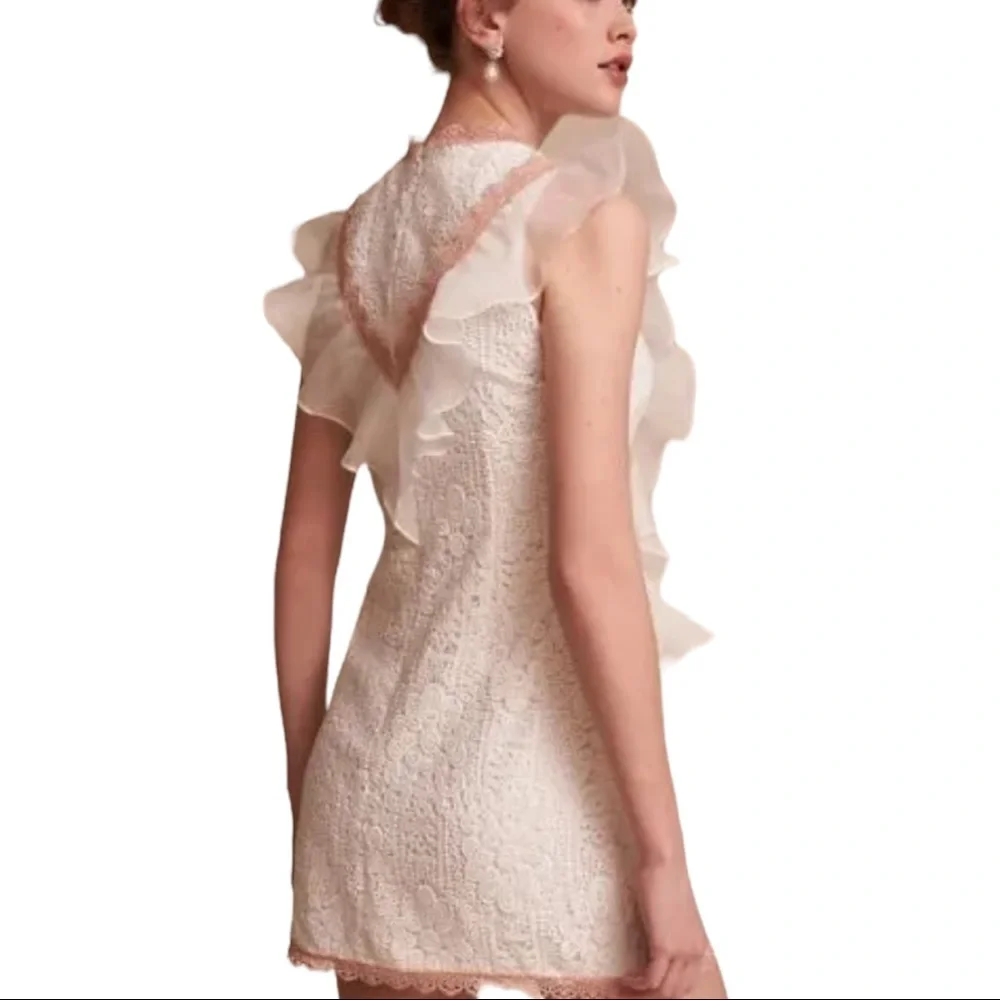 Amur x BHLDN Topeka 12 / Lg White Silk Ruffle Lace Bohemian Mini Dress